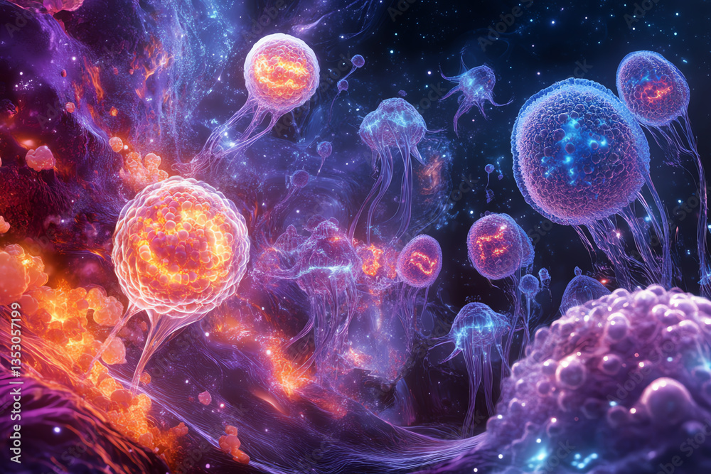 Futuristic depiction of cells in space with vibrant colors. Futuristic depiction of cells in space with vibrant colors.
