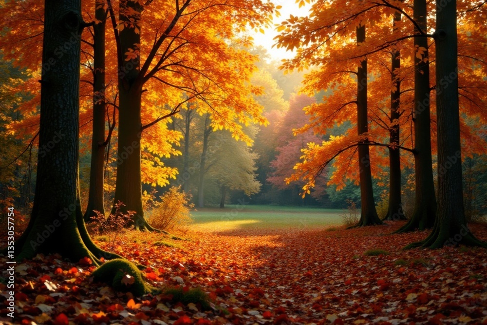 Fototapeta premium Autumnal forest clearing with dense foliage of deciduous trees, forest, deciduous forest , autumn leaves