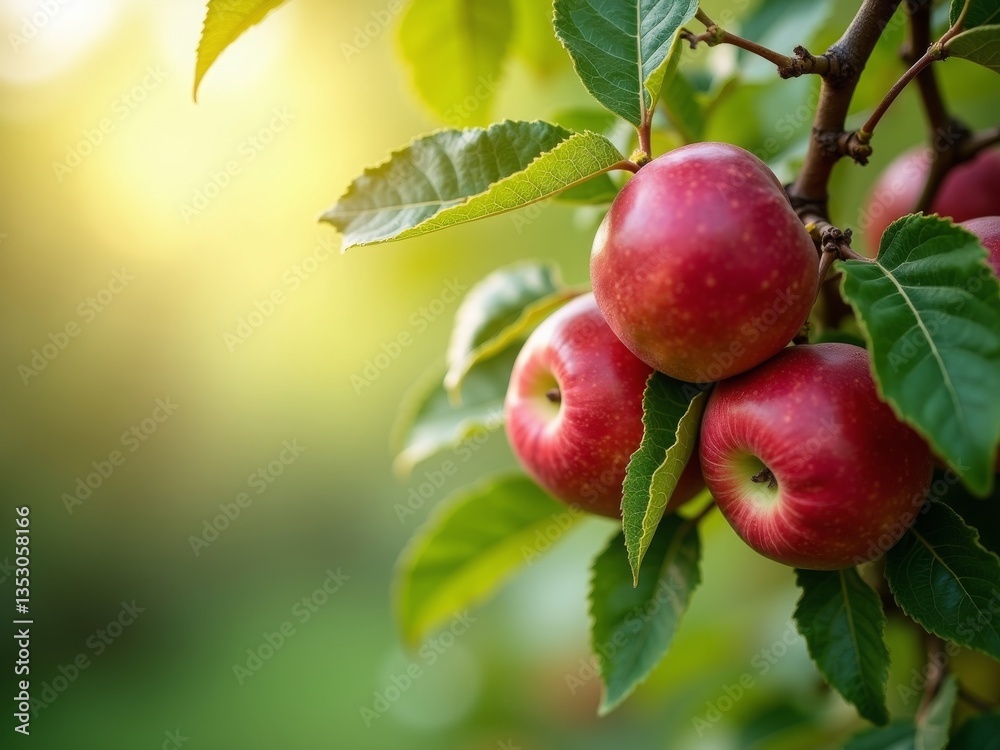 Red apples hanging on a tree branch with green leaves in sunlight Red apples hanging on a tree branch with green leaves in sunlight