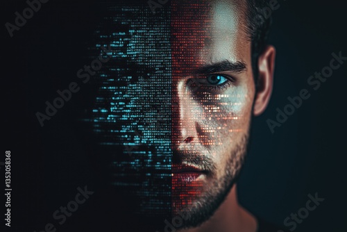 Closeup of a human face with a Illustration of hacker or computer scientist