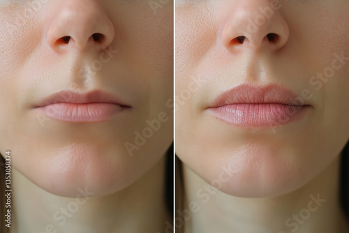 Before and after lip filler injections on young woman. Comparison showing enhanced volume and definition. Subtle cosmetic procedure results for fuller lips.