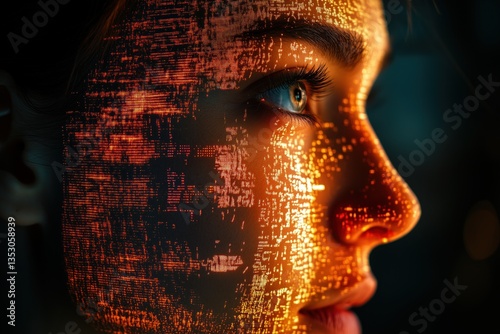 Closeup of a human face with a Illustration of hacker or computer scientist