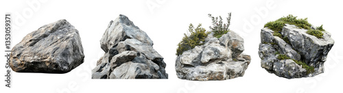 Collection of Natural Rocks with Textures and Greenery Accents, PNG bundle collection, Isolated on Transparent Background