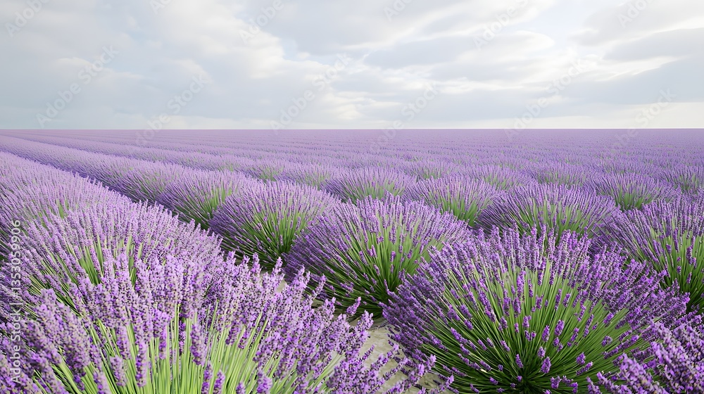 Obraz premium Expansive field of purple lavender flowers in full bloom under a clear blue sky stretching into the horizon