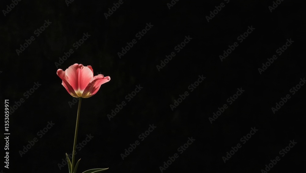 Single pink tulip, isolated black background, garden flower, dark backdrop Single pink tulip, isolated black background, garden flower, dark backdrop
