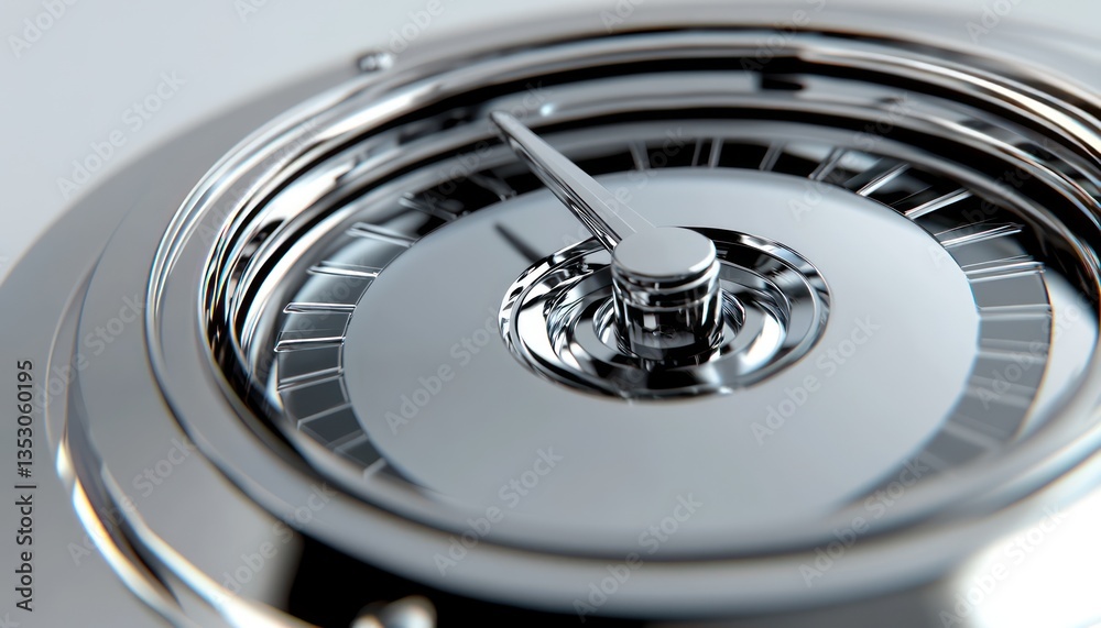 A close-up of a chrome speedometer with the needle pointing to a fast speed on a light gray background A close-up of a chrome speedometer with the needle pointing to a fast speed on a light gray background