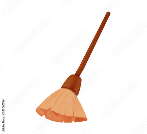Broom 3D illustration made from twigs on a long wooden handle. Vector illustration. Tool for cleaning isolated on white background. Witches broom stick 3D icon. Halloween accessory object