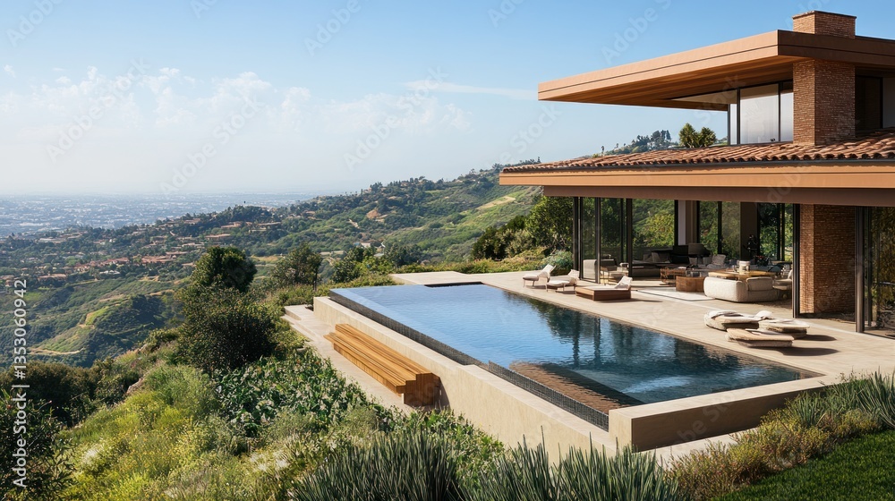 Fototapeta premium Modern hillside home with infinity pool and panoramic city views