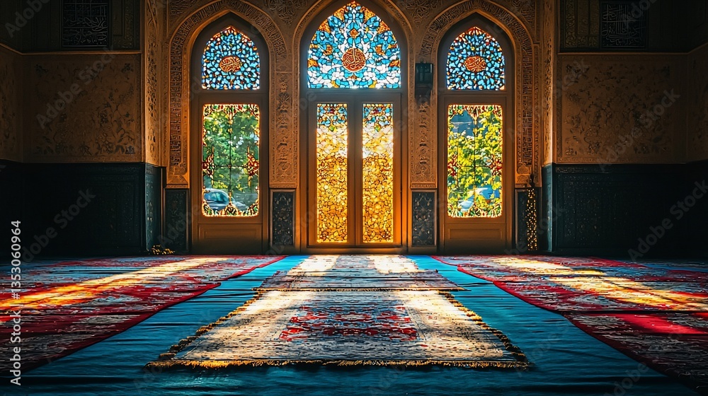 Sunlit prayer room with ornate stained glass windows and carpets.