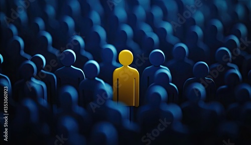 A single, bright yellow figure amidst a sea of dark blue figures