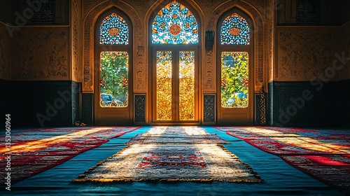Obraz na płótnie Sunlit prayer room with ornate stained glass windows and carpets. w salonie