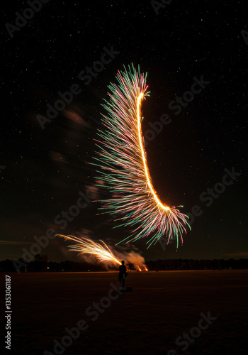 Colorful Fireworks Display Illuminates Night Sky: Pyrotechnic Celebration with Vibrant Summer Spectacle