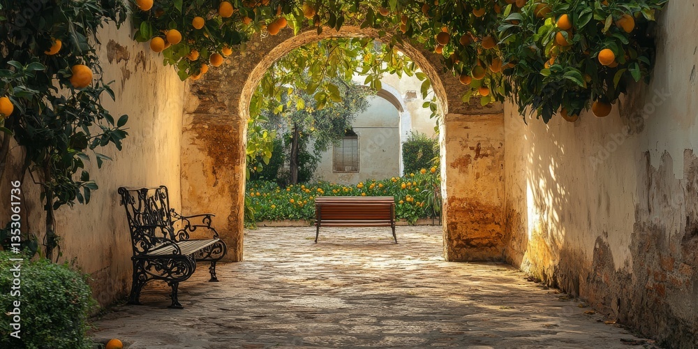 Fototapeta premium Benches under orange trees archway in picturesque courtyard