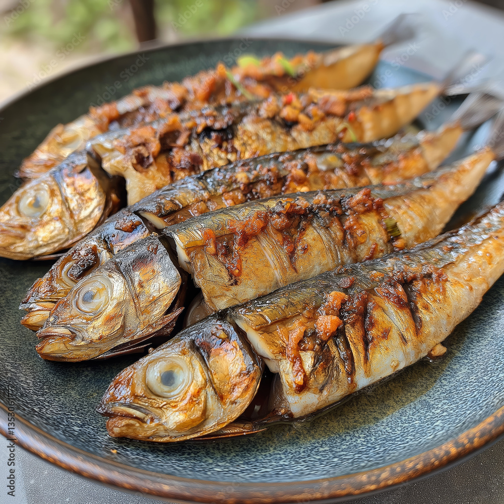 Grilled fish served on plate, showcasing delicious meal with vibrant colors and textures Grilled fish served on plate, showcasing delicious meal with vibrant colors and textures