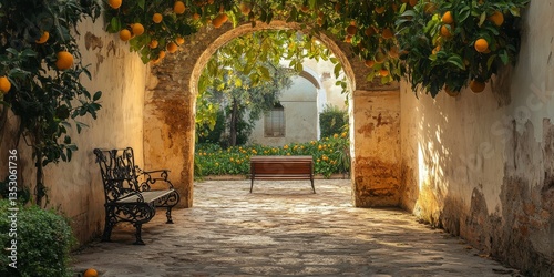 Benches under orange trees archway in picturesque courtyard