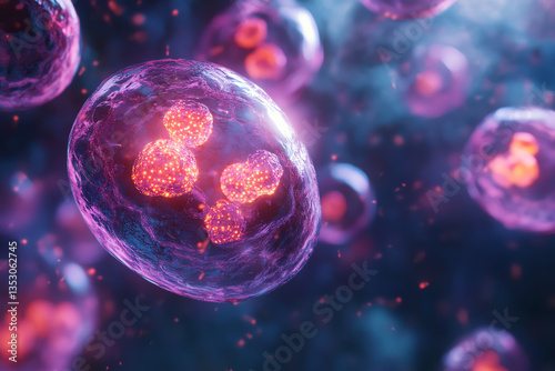 Microscopic view of cells with glowing nuclei in vibrant colors.
