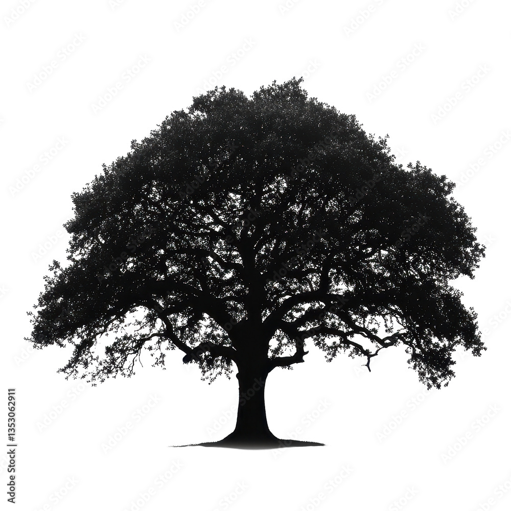 Fototapeta premium Large tree silhouette stands out against a Transparent background in a minimalist natural representation, Picture big tree silhouette isolated on PNG background