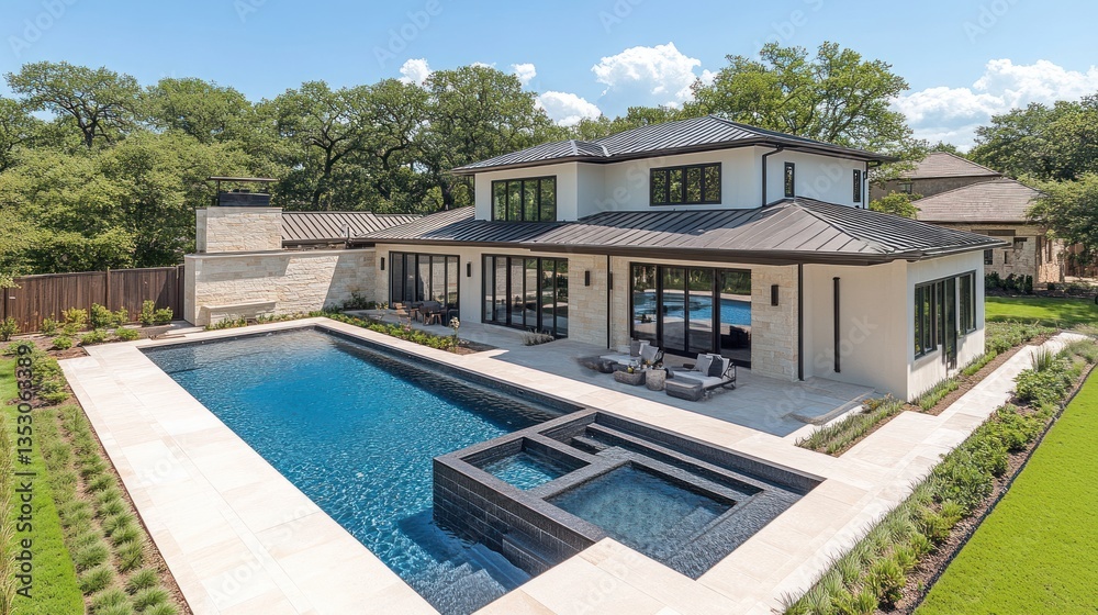 Fototapeta premium Modern home with a luxurious backyard pool and spa area. Spacious pool and spa, complete with a sun-drenched deck