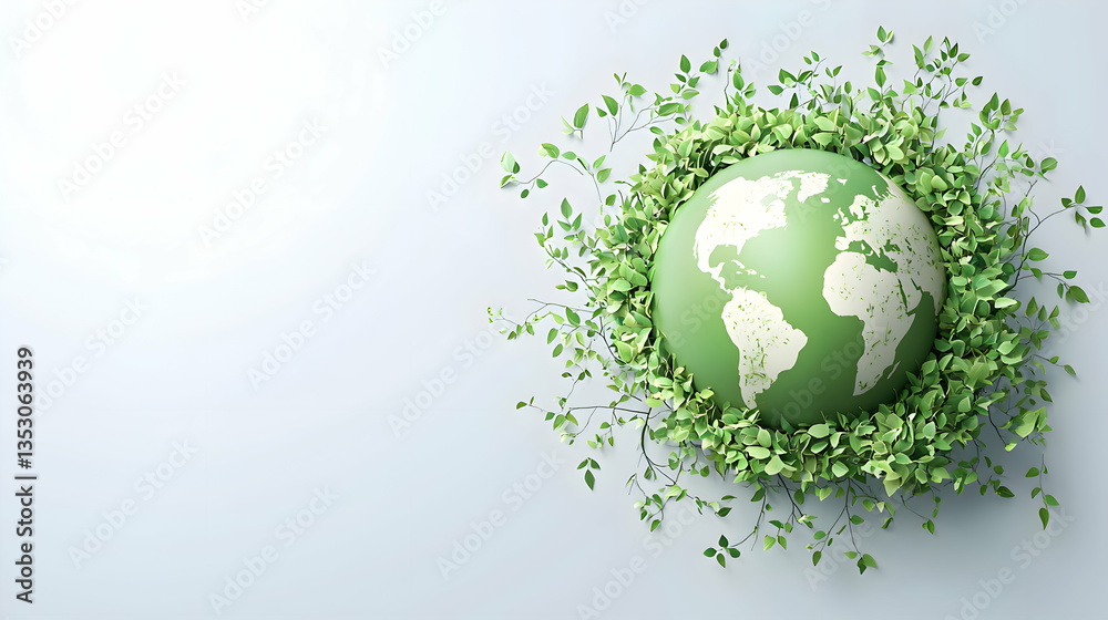 A minimalist 3D green globe encircled by leafy vines, glowing softly, eco-friendly and modern, ideal for Earth Day promotions, sustainability graphics, or environmental logos. A minimalist 3D green globe encircled by leafy vines, glowing softly, eco-friendly and modern, ideal for Earth Day promotions, sustainability graphics, or environmental logos.
