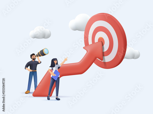 Strategic planning, plan to overcome difficulty or obstacle to reach goal or target. 3D cartoon illustration. Team brainstorm or competitor analysis, business success concept, business team planning