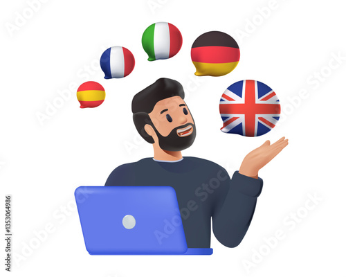 Learn foreign language, man choose from different languages, english, french, german. 3D illustration. Studying foreign language online. Multilingual translation or support. Digital education, elearn