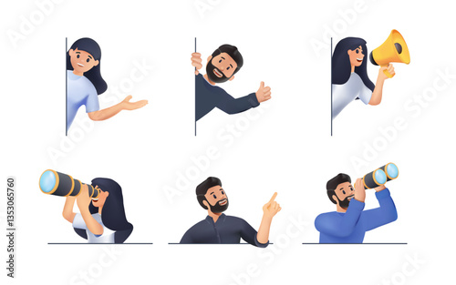 A fun and interactive 3D vector illustration of people in various poses and gestures. People are looking from the corner, announce something. A modern and minimal digital artwork depicting expressions