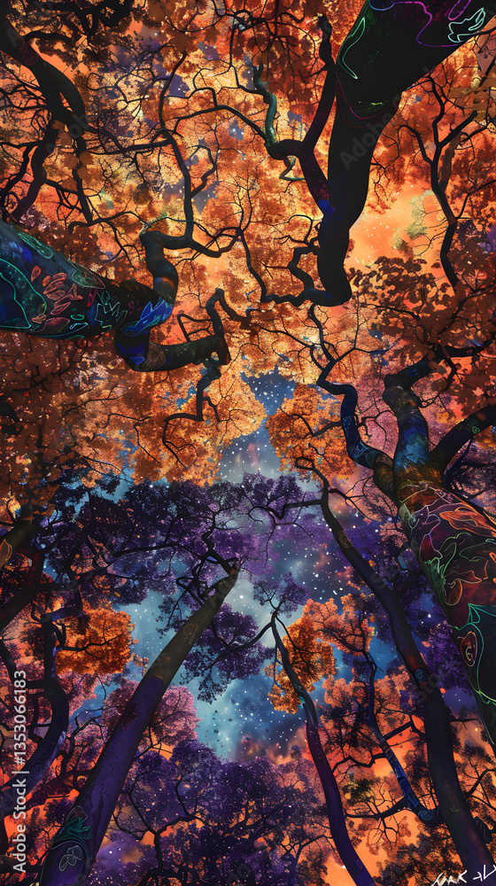 Naklejka premium Vibrant Colors of the WJ Tree Variety Under an Entrancing Sunlit Sky