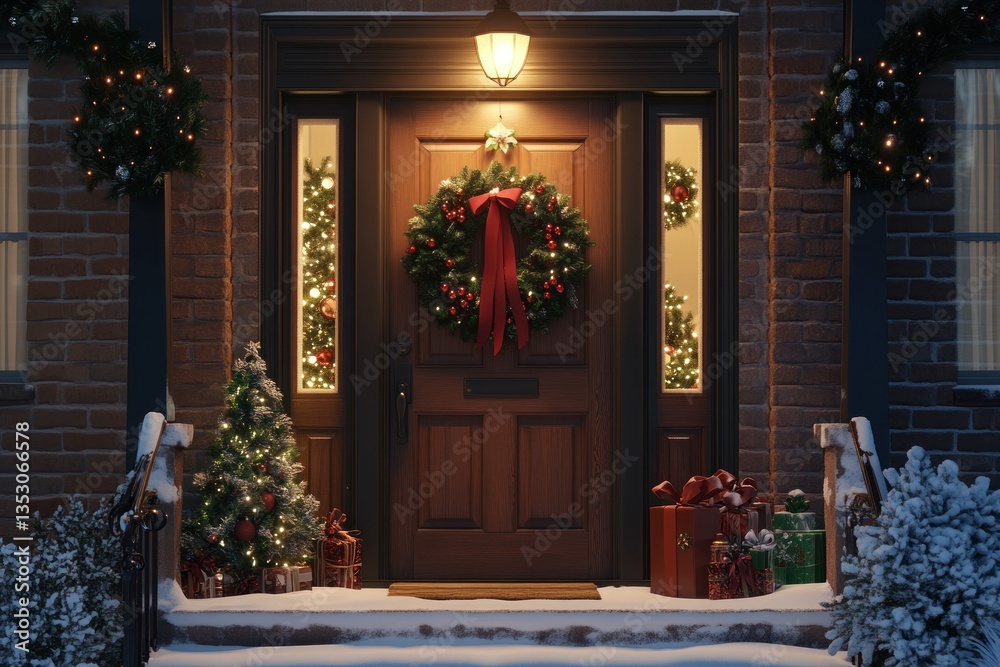 Fototapeta premium A Decorated Front Door Welcomes the Holiday Season Cheer