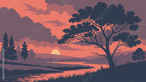 Tranquil Sunset Lake – Serene Opal Seascape with Multi-Vivid Colors, Silhouetted Trees, Birds & Sailing Boat – Beautiful Digital Vector Illustration