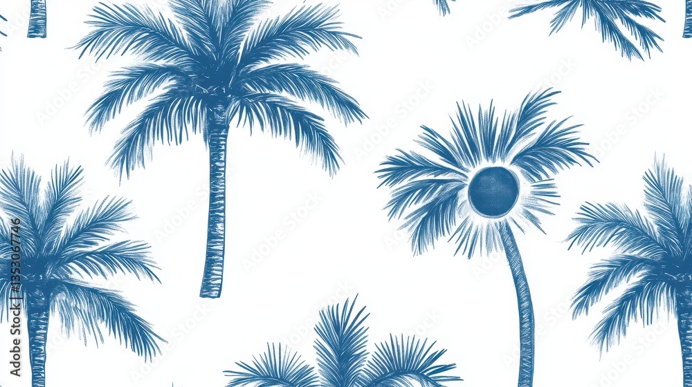 Obraz premium Blue Palm Tree Seamless Pattern Tropical Summer Design.
