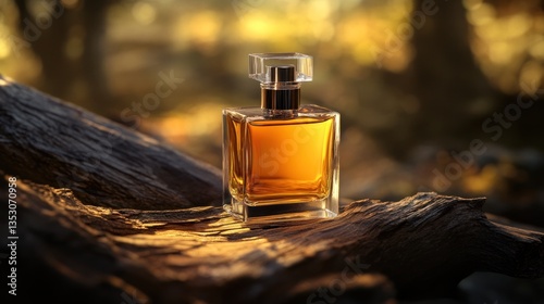 Amber perfume bottle on driftwood in forest
