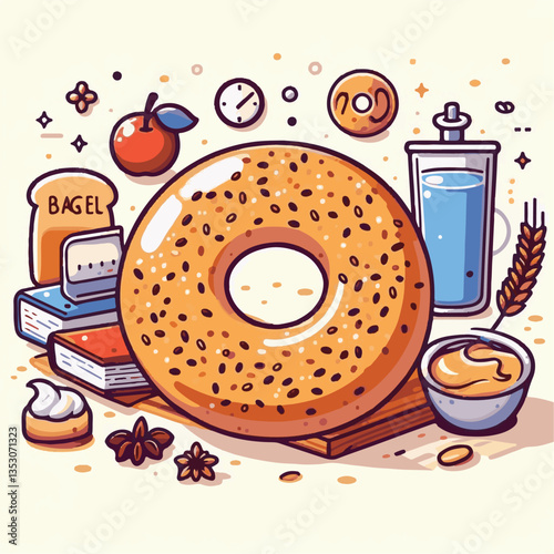 bagel, food, breakfast, bread, bakery, snack, pastry, healthy, fresh, delicious, bun, background, tasty, wheat, meal, white, isolated, round, illustration, nutrition, vector, sweet, object, organic, b
