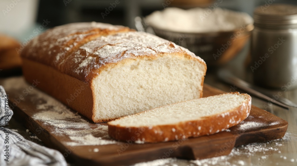 Sliced loaf of bread on wooden board, flour, kitchen Sliced loaf of bread on wooden board, flour, kitchen