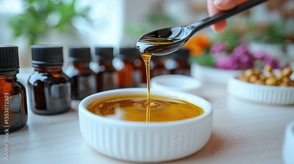Golden liquid poured from spoon into small bowl. Surrounded by small bottles and herbal ingredients Golden liquid poured from spoon into small bowl. Surrounded by small bottles and herbal ingredients