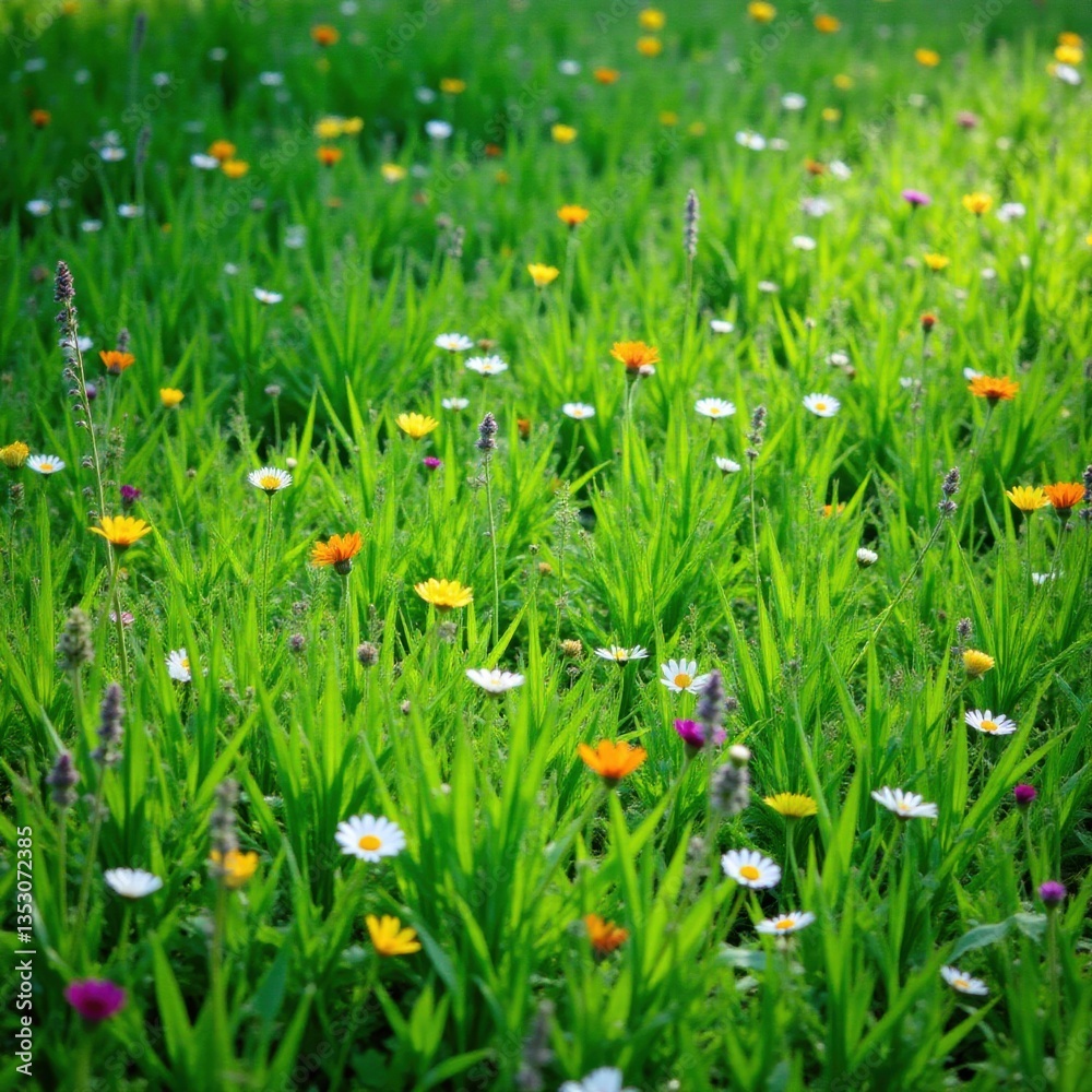Fototapeta premium Dense thicket of emerald green grasses and colorful flowers amidst a tranquil meadow setting, nature, landscape, meadow