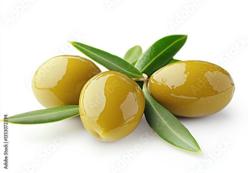 Fresh green olives with vibrant leaves arranged artfully on a white background for culinary and health-related projects, showcasing natural beauty and freshness.
