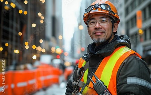 City Construction Worker Smiles Confidently, Directing Traffic Amidst Bustling Urban Background photo