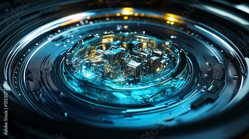 A futuristic digital city residing within a circular patterned device