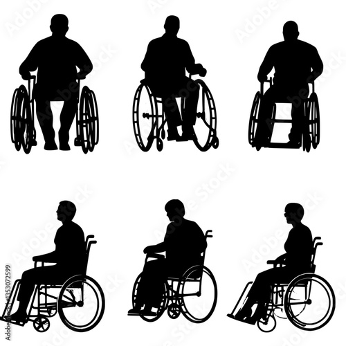 Silhouettes of people in wheelchairs, vector illustration isolated on a white background. Black silhouette set collection, svg, png