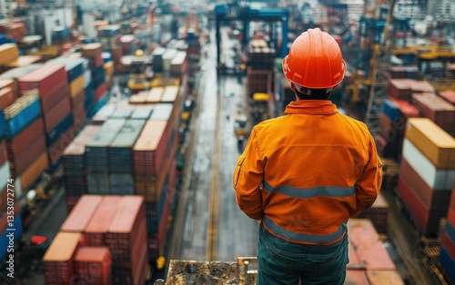 Cargo Port Surveyor Contemplates Vast Shipping Containers Import Export Logistics photo