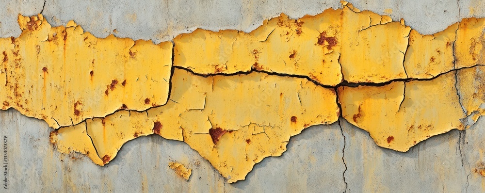 Obraz premium A close-up of faded yellow paint cracking on a concrete wall, with rust spots visible across the surface