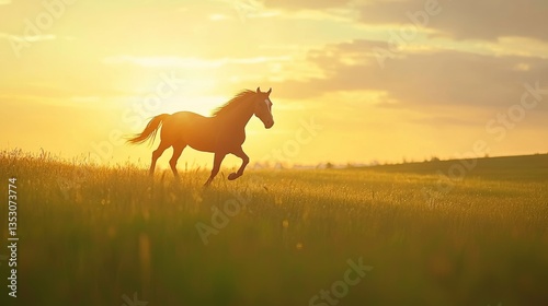 horse running on the grassland in a bright sunny day, green grass