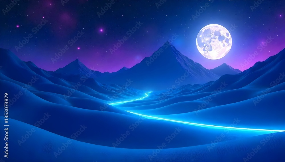 Obraz premium A digital artwork of a cosmic landscape with mountains and a night sky filled with stars and a moon