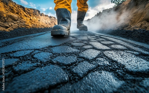 Fresh Asphalt Road Construction Worker Walking New Highway Surface photo