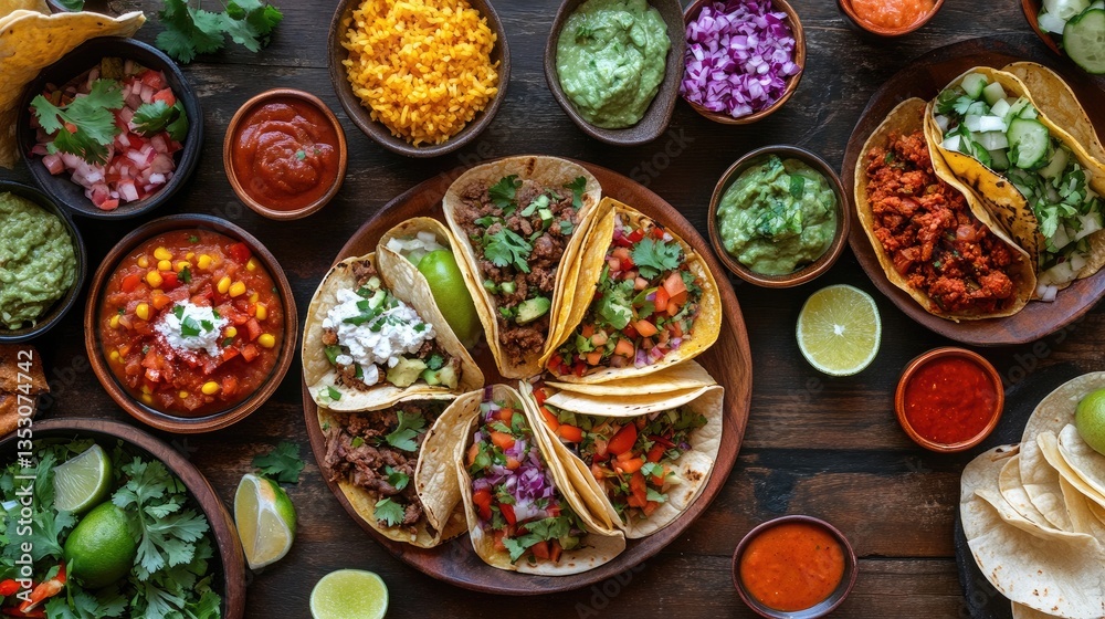 An overhead view of a vibrant taco platter, with various fillings and toppings, capturing the fun and flavor of a festive taco night. An overhead view of a vibrant taco platter, with various fillings and toppings, capturing the fun and flavor of a festive taco night.