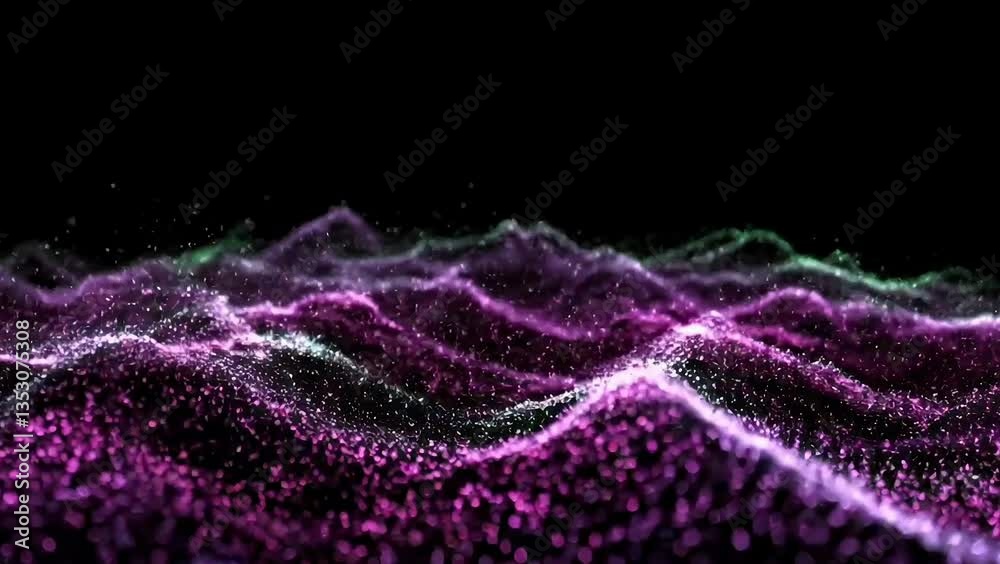 Fondo abstracto animado negro con oleadas brillantes de color púrpura hechas de puntos y partículas. Video 4K