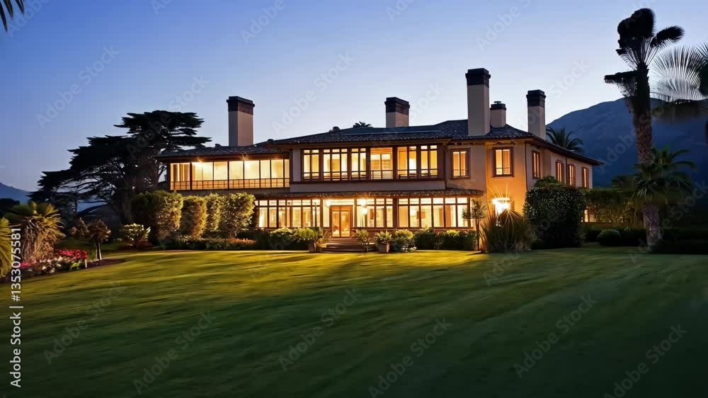 Elegant mansion illuminated at twilight with lush gardens and majestic mountains in the background Elegant mansion illuminated at twilight with lush gardens and majestic mountains in the background
