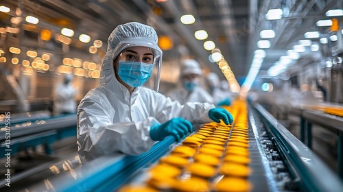 Food processing plant worker inspecting oranges on conveyor belt.