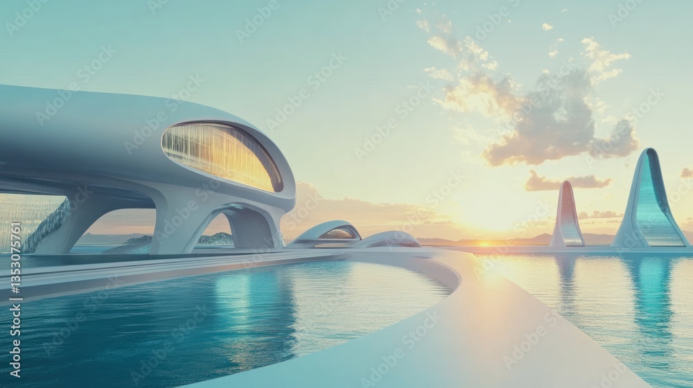 Fototapeta premium Futuristic cityscape overlooking a serene lake at sunrise