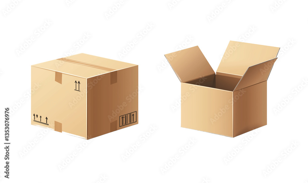 Fototapeta premium Two Cardboard Boxes One Closed and One Open for Shipping or Moving Isolated on transparent